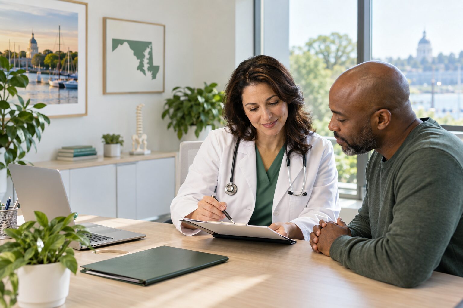 Healthcare practitioner conducting a Maryland medical cannabis certification consultation